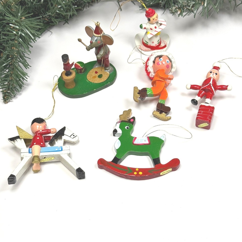 Vintage Wooden Christmas Ornaments Lot of 6 Hand Painted Mouse Reindeer Santa